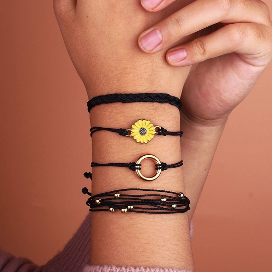 Sunflower Bracelet Handmade Braided Rope Charms Boho Surfer Bracelet for Teen Girls Women