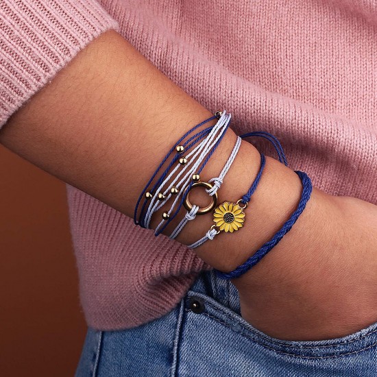 Sunflower Bracelet Handmade Braided Rope Charms Boho Surfer Bracelet for Teen Girls Women