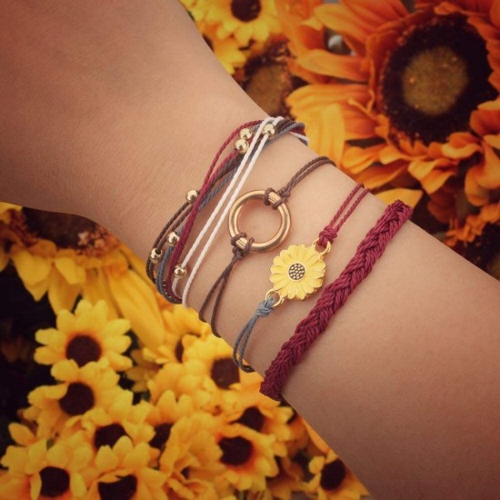 Sunflower Bracelet Handmade Braided Rope Charms Boho Surfer Bracelet for Teen Girls Women