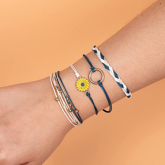 Sunflower Bracelet Handmade Braided Rope Charms Boho Surfer Bracelet for Teen Girls Women