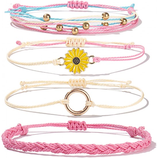 Sunflower Bracelet Handmade Braided Rope Charms Boho Surfer Bracelet for Teen Girls Women