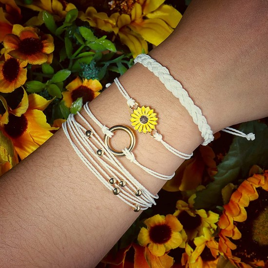 Sunflower Bracelet Handmade Braided Rope Charms Boho Surfer Bracelet for Teen Girls Women