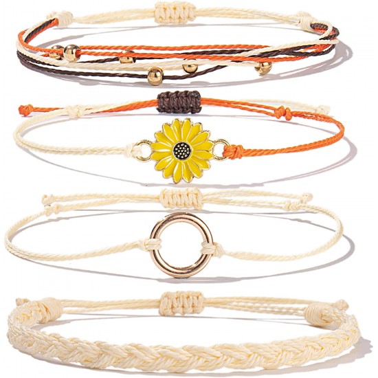 Sunflower Bracelet Handmade Braided Rope Charms Boho Surfer Bracelet for Teen Girls Women