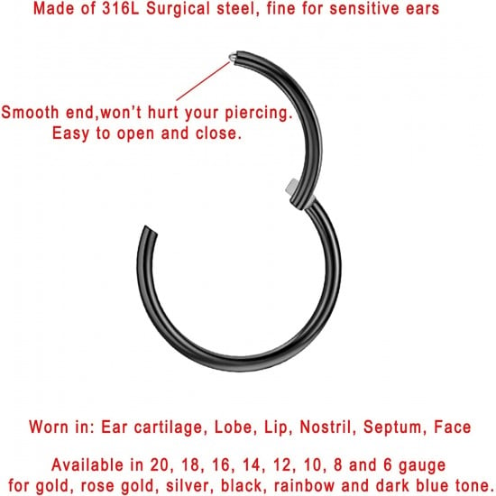 316L Surgical Steel Hinged Nose Rings Hoop 20G, Diameter 6mm to 10mm, Gold - Rose Gold - Silver - Black - Blue - Rainbow
