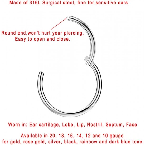 316L Surgical Steel Hinged Nose Rings Hoop 20G, Diameter 6mm to 10mm, Gold - Rose Gold - Silver - Black - Blue - Rainbow