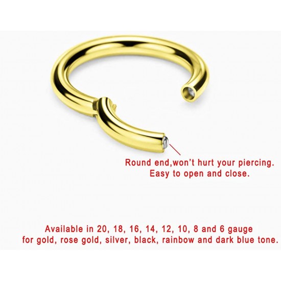 316L Surgical Steel Hinged Nose Rings Hoop 20G, Diameter 6mm to 10mm, Gold - Rose Gold - Silver - Black - Blue - Rainbow