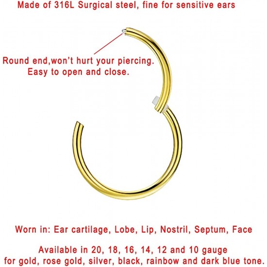 316L Surgical Steel Hinged Nose Rings Hoop 20G, Diameter 6mm to 10mm, Gold - Rose Gold - Silver - Black - Blue - Rainbow