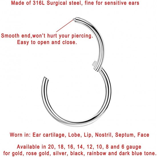 316L Surgical Steel Hinged Nose Rings Hoop 20G, Diameter 6mm to 10mm, Gold - Rose Gold - Silver - Black - Blue - Rainbow