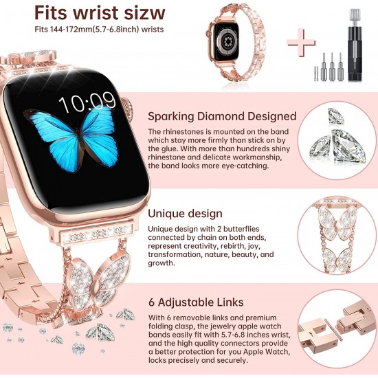 Watch Band for Apple Watch 38mm 40mm 41mm 42mm 44mm 45mm 49mm, Bling Butterfly Jewelry Crystal Rhinestone Stainless Steel Metal Strap for Apple Watch Ultra Series 8/7/6/5/4/3/2/1