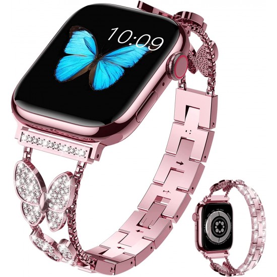 Watch Band for Apple Watch 38mm 40mm 41mm 42mm 44mm 45mm 49mm, Bling Butterfly Jewelry Crystal Rhinestone Stainless Steel Metal Strap for Apple Watch Ultra Series 8/7/6/5/4/3/2/1