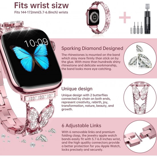 Watch Band for Apple Watch 38mm 40mm 41mm 42mm 44mm 45mm 49mm, Bling Butterfly Jewelry Crystal Rhinestone Stainless Steel Metal Strap for Apple Watch Ultra Series 8/7/6/5/4/3/2/1