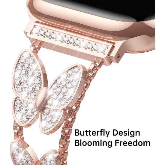 Watch Band for Apple Watch 38mm 40mm 41mm 42mm 44mm 45mm 49mm, Bling Butterfly Jewelry Crystal Rhinestone Stainless Steel Metal Strap for Apple Watch Ultra Series 8/7/6/5/4/3/2/1