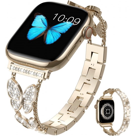 Watch Band for Apple Watch 38mm 40mm 41mm 42mm 44mm 45mm 49mm, Bling Butterfly Jewelry Crystal Rhinestone Stainless Steel Metal Strap for Apple Watch Ultra Series 8/7/6/5/4/3/2/1