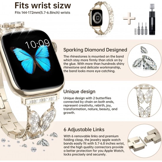 Watch Band for Apple Watch 38mm 40mm 41mm 42mm 44mm 45mm 49mm, Bling Butterfly Jewelry Crystal Rhinestone Stainless Steel Metal Strap for Apple Watch Ultra Series 8/7/6/5/4/3/2/1