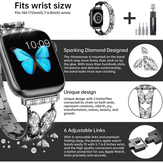 Watch Band for Apple Watch 38mm 40mm 41mm 42mm 44mm 45mm 49mm, Bling Butterfly Jewelry Crystal Rhinestone Stainless Steel Metal Strap for Apple Watch Ultra Series 8/7/6/5/4/3/2/1