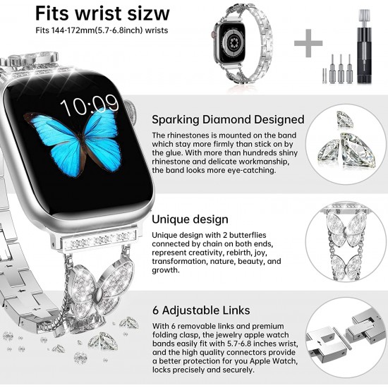 Watch Band for Apple Watch 38mm 40mm 41mm 42mm 44mm 45mm 49mm, Bling Butterfly Jewelry Crystal Rhinestone Stainless Steel Metal Strap for Apple Watch Ultra Series 8/7/6/5/4/3/2/1