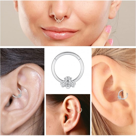 Jewelry 14G 16G 18G Daith Earrings 6-10mm Unique Front Facing CZ/Opal/Five-Pointed Star/Pyramid Shape Steel Seal Design 316L Surgical Steel Septum Piercing Jewelry Earring