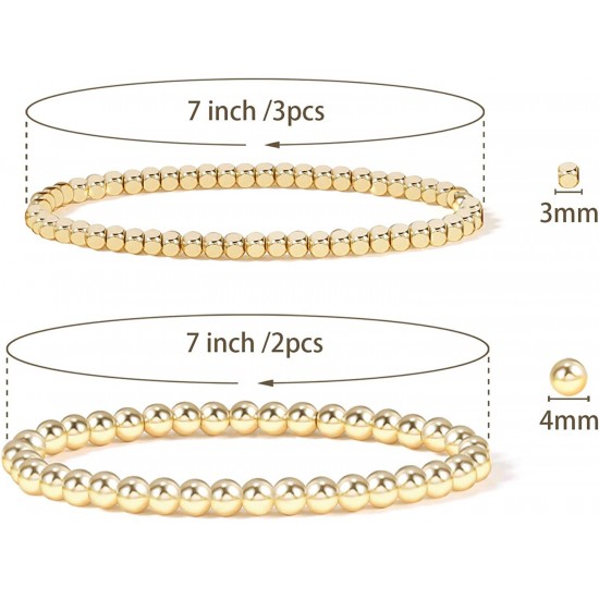 Gold Bead Bracelet for Women,14K Gold Plated Bead Ball Bracelet Stretchable Elastic Bracelet