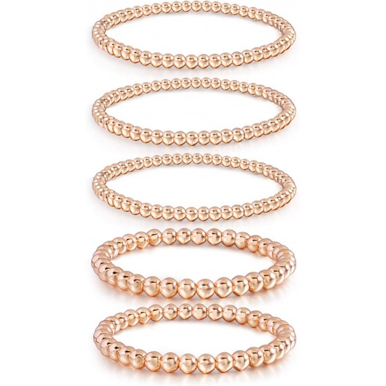 Gold Bead Bracelet for Women,14K Gold Plated Bead Ball Bracelet Stretchable Elastic Bracelet