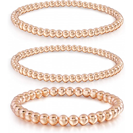 Gold Bead Bracelet for Women,14K Gold Plated Bead Ball Bracelet Stretchable Elastic Bracelet