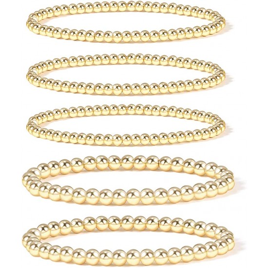 Gold Bead Bracelet for Women,14K Gold Plated Bead Ball Bracelet Stretchable Elastic Bracelet