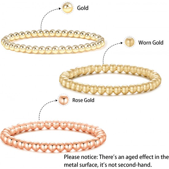 Gold Bead Bracelet for Women,14K Gold Plated Bead Ball Bracelet Stretchable Elastic Bracelet