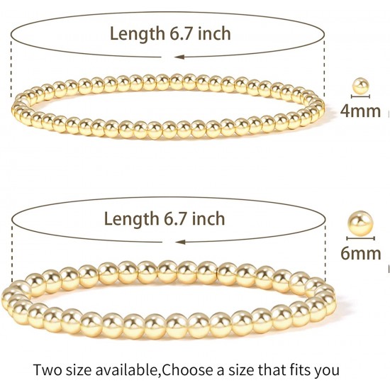 Gold Bead Bracelet for Women,14K Gold Plated Bead Ball Bracelet Stretchable Elastic Bracelet