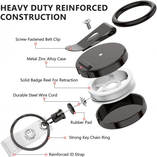 Heavy Duty Retractable Badge Holder Reel, Metal ID Badge Holder with Belt Clip Key Ring