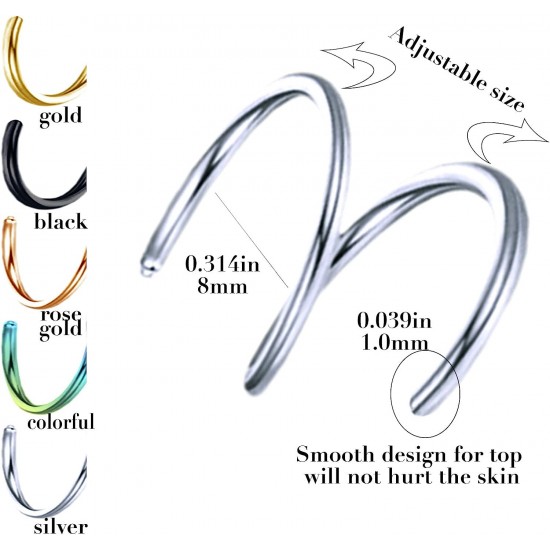 20G Nose Rings Hoops Surgical Steel Double Spiral Nose Ring Left or Right Single Pierced Nose Piercing for Women Men