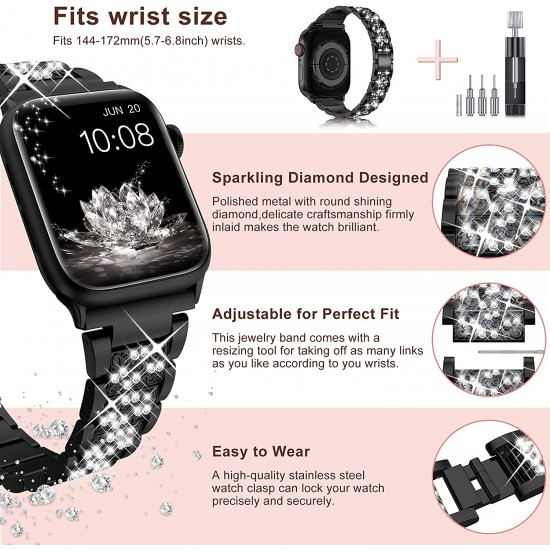 Watch Band for Apple Watch Ultra Series 8 Series 7 6 5 4 3 2 1 SE , Bling Replacement Bracelet Watch Band, Diamond Rhinestone Stainless Steel Metal Wristband Strap