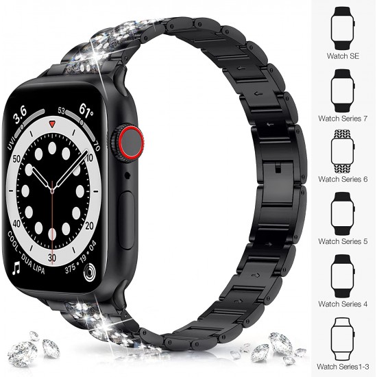 Watch Band for Apple Watch Ultra Series 8 Series 7 6 5 4 3 2 1 SE , Bling Replacement Bracelet Watch Band, Diamond Rhinestone Stainless Steel Metal Wristband Strap