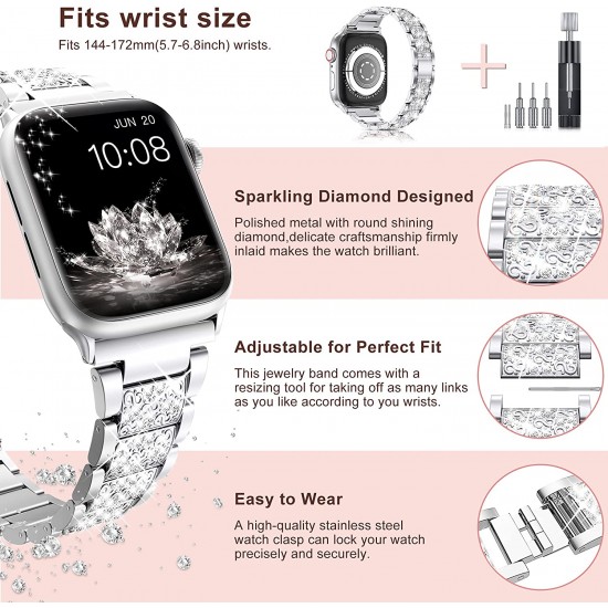 Watch Band for Apple Watch Ultra Series 8 Series 7 6 5 4 3 2 1 SE , Bling Replacement Bracelet Watch Band, Diamond Rhinestone Stainless Steel Metal Wristband Strap