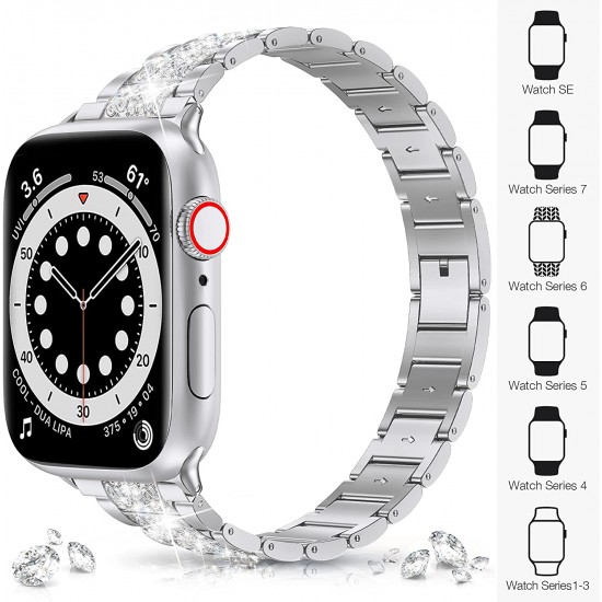 Watch Band for Apple Watch Ultra Series 8 Series 7 6 5 4 3 2 1 SE , Bling Replacement Bracelet Watch Band, Diamond Rhinestone Stainless Steel Metal Wristband Strap