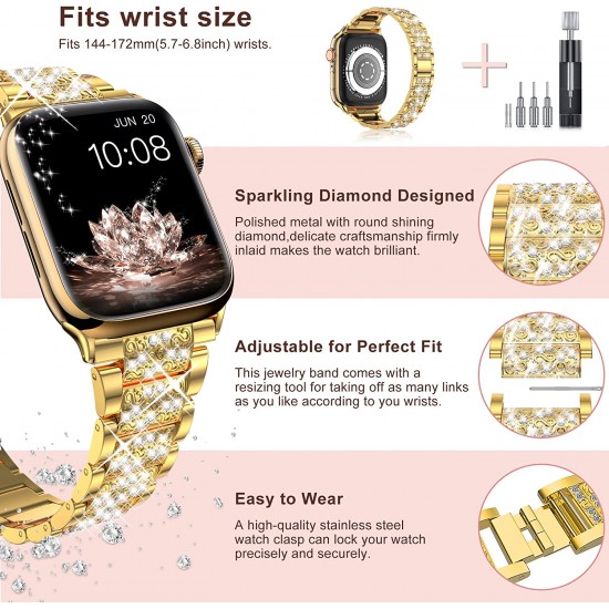 Watch Band for Apple Watch Ultra Series 8 Series 7 6 5 4 3 2 1 SE , Bling Replacement Bracelet Watch Band, Diamond Rhinestone Stainless Steel Metal Wristband Strap