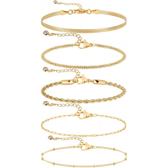 Gold Bracelets for Women 14K Gold Herringbone Bracelets Sets Dainty Herringbone Jewelry Stackable Figaro Chain Paperclip Link Chain Cute Anklet Bracelet Pack Gifts for Women Girls