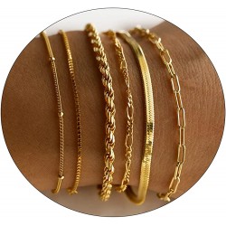 Gold Bracelets for Women 14K Gold Herringbone Bracelets Sets Dainty Herringbone Jewelry Stackable Figaro Chain Paperclip Link Chain Cute Anklet Bracelet Pack Gifts for Women Girls