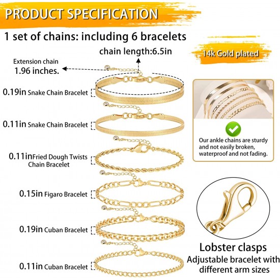 Gold Bracelets for Women 14K Gold Herringbone Bracelets Sets Dainty Herringbone Jewelry Stackable Figaro Chain Paperclip Link Chain Cute Anklet Bracelet Pack Gifts for Women Girls