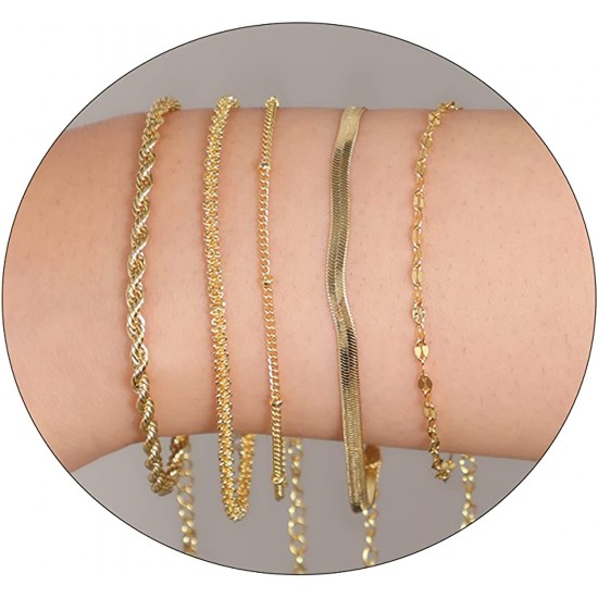 Gold Bracelets for Women 14K Gold Herringbone Bracelets Sets Dainty Herringbone Jewelry Stackable Figaro Chain Paperclip Link Chain Cute Anklet Bracelet Pack Gifts for Women Girls