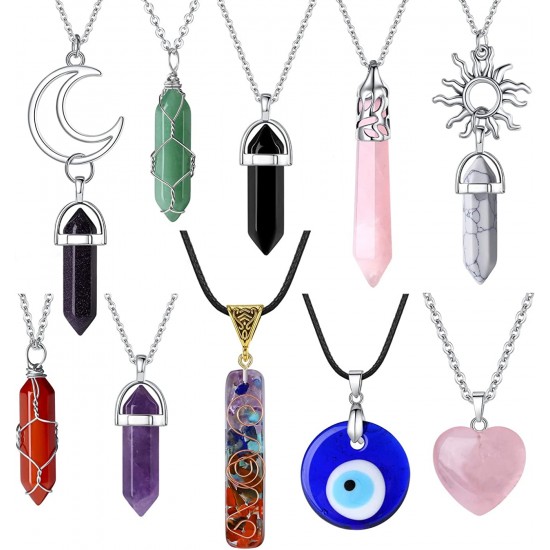 10 Pcs Crystal Necklace Healing Amethyst Crystals Carnelian Chakra Necklaces Evil Eye Necklace Vintage Hippie Wiccan Boho Rose Quartz Moon Sun Jewelry Heart Gemstone Pendant for Women