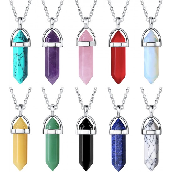 10 Pcs Crystal Necklace Healing Amethyst Crystals Carnelian Chakra Necklaces Evil Eye Necklace Vintage Hippie Wiccan Boho Rose Quartz Moon Sun Jewelry Heart Gemstone Pendant for Women