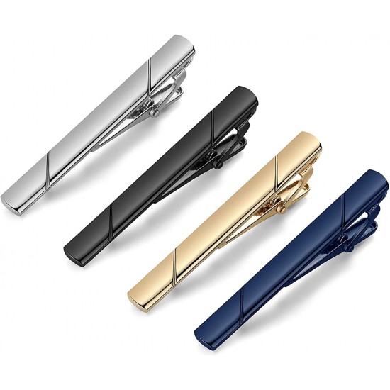 Tie Clips for Men, Black Gold Blue Gray Silver Tie Bar Set for Regular Ties, Luxury Box Gift Ideas