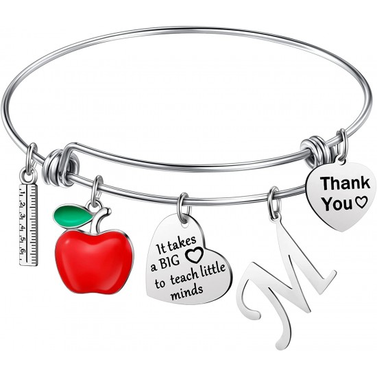 Personalized Stainless Steel Bracelets Friendship Bangle Gifts for Women, Valentines Graduation Thank You Teacher Gifts Present Bracelet with Initial