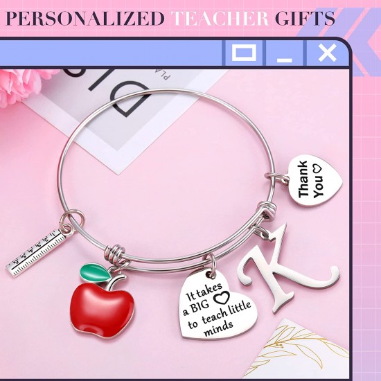 Personalized Stainless Steel Bracelets Friendship Bangle Gifts for Women, Valentines Graduation Thank You Teacher Gifts Present Bracelet with Initial