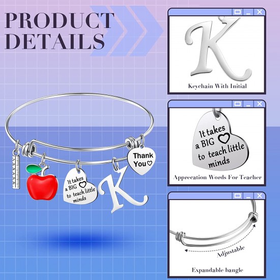 Personalized Stainless Steel Bracelets Friendship Bangle Gifts for Women, Valentines Graduation Thank You Teacher Gifts Present Bracelet with Initial