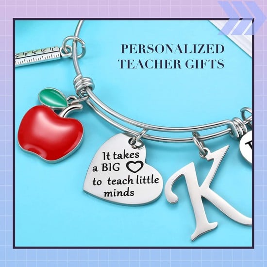 Personalized Stainless Steel Bracelets Friendship Bangle Gifts for Women, Valentines Graduation Thank You Teacher Gifts Present Bracelet with Initial