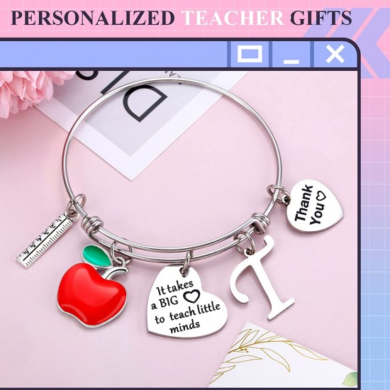 Personalized Stainless Steel Bracelets Friendship Bangle Gifts for Women, Valentines Graduation Thank You Teacher Gifts Present Bracelet with Initial