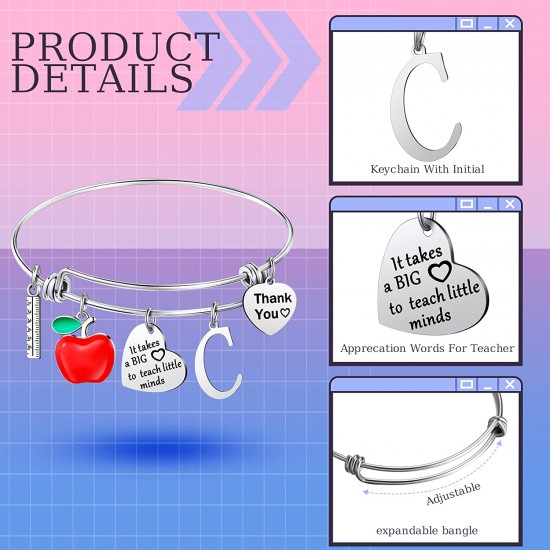 Personalized Stainless Steel Bracelets Friendship Bangle Gifts for Women, Valentines Graduation Thank You Teacher Gifts Present Bracelet with Initial