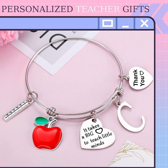 Personalized Stainless Steel Bracelets Friendship Bangle Gifts for Women, Valentines Graduation Thank You Teacher Gifts Present Bracelet with Initial