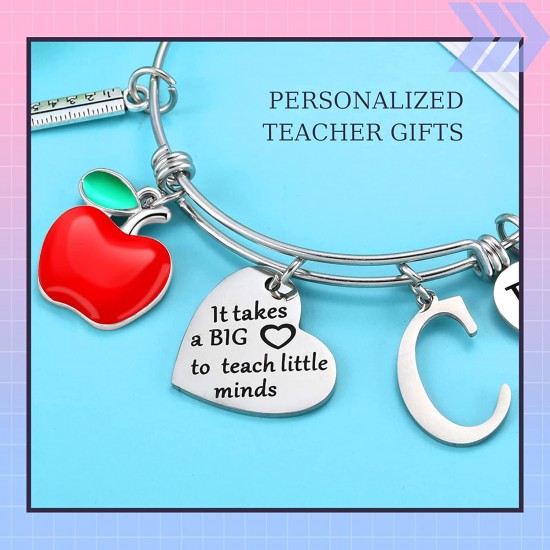 Personalized Stainless Steel Bracelets Friendship Bangle Gifts for Women, Valentines Graduation Thank You Teacher Gifts Present Bracelet with Initial