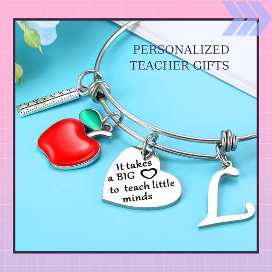 Personalized Stainless Steel Bracelets Friendship Bangle Gifts for Women, Valentines Graduation Thank You Teacher Gifts Present Bracelet with Initial